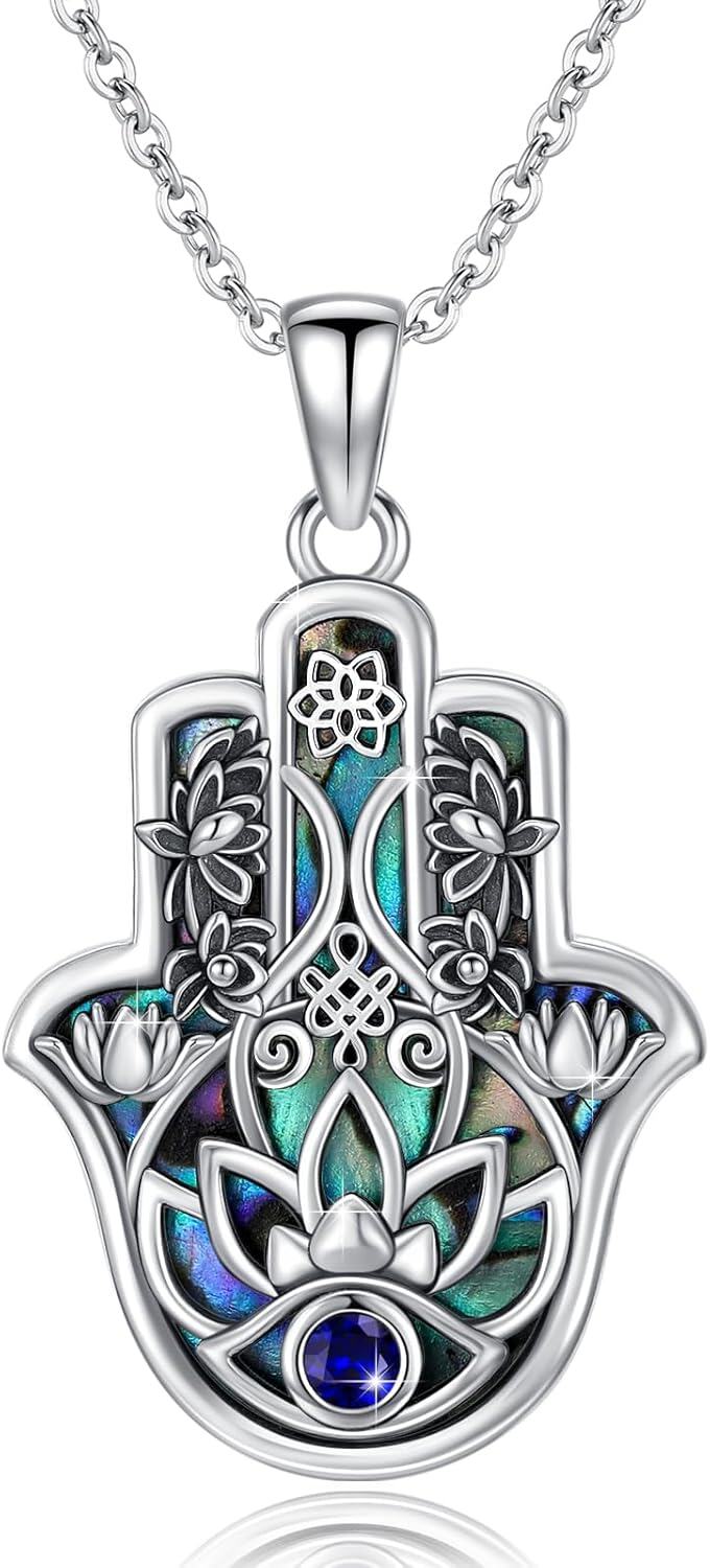 wholesale 925 Sterling Silver Abalone Shell Inlay Evil Eye Hamsa Hand Pendant Necklace for Women-0-0