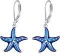 wholesale 925 Sterling Silver Blue Enamel Starfish Shell Leverback Dangle Earrings-0-0