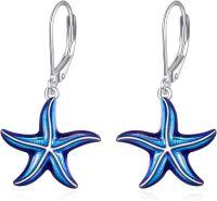 wholesale 925 Sterling Silver Blue Enamel Starfish Shell Leverback Dangle Earrings-Starfish