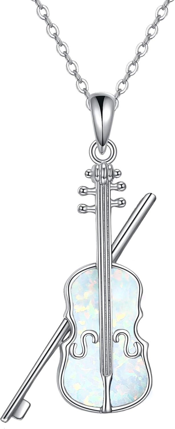 Sterling Silver Violin Bow Pendant Necklace for Women-white opal
