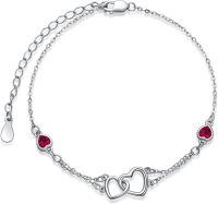 wholesale Sterling Silver Cubic Zirconia Double Heart Chain Jewelry for Women-Anklet 9''-11''-07 Jul - Ruby-White Gold