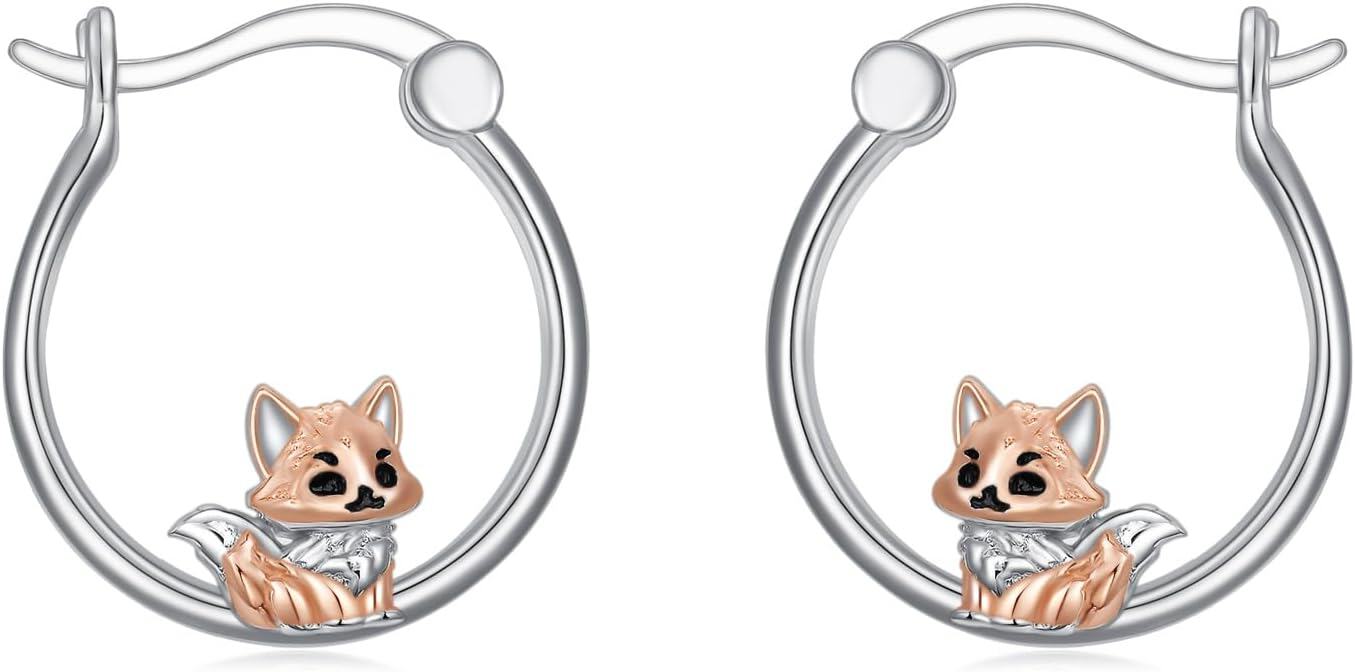 Sterling Silver Animal Hoop Earrings Fox Bear Penguin Axolotl Octopus Raccoon Christmas Gifts for Women-small fox hoop earrings
