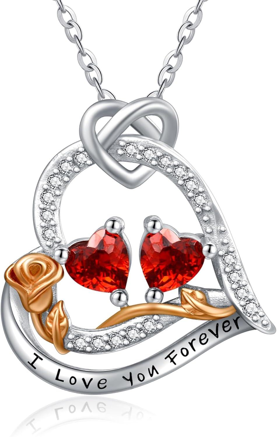  Sterling Silver 2 Birthstones Rose Heart Necklace for Women -01-01-Jan-Jan