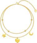 wholesale 14K Gold Double Chain Moon & Star Charm Ankle Anklet for Women - Adjustable Size-0-0