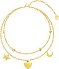 wholesale 14K Gold Double Chain Moon & Star Charm Ankle Anklet for Women - Adjustable Size-Yellow Gold