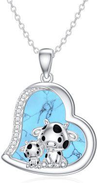 wholesale Sterling Silver Stone Cute Animal Pendant Necklace for Couples Sister Daughter Mother Birthday Gift-05-14-Cow-Turquoise