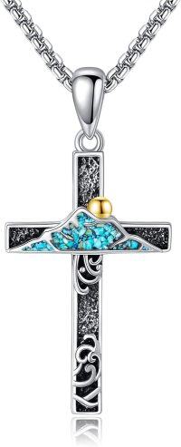 wholesale 925 Sterling Silver Cross Pendant with Turquoise and Black Stone Inlay - Religious Jewelry for Women & Men-Turquoise Cross