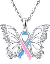 wholesale 925 Sterling Silver Pink & Blue Ribbon Butterfly Pendant Necklaces - PTSD Awareness s for Women-Teal&Pink&Blue-Thyroid Cancer