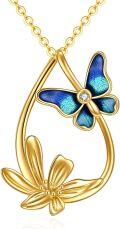 wholesale 14K Gold Blue Enamel Flower & Butterfly Pendant Necklace for Women-0-0