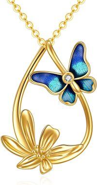 wholesale 14K Gold Blue Enamel Flower & Butterfly Pendant Necklace for Women-Butterfly Necklace