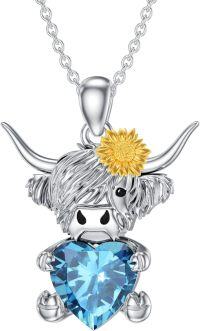 wholesale Metal Stone Highland Cow Pendant Necklace w Heart Birthstone Women s Gift-December