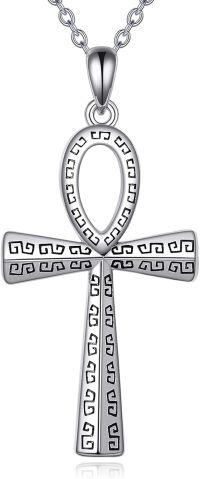 wholesale 925 Sterling Silver Egyptian Ankh Cross Pendant Necklace with Greek Key Design-Ankh Cross