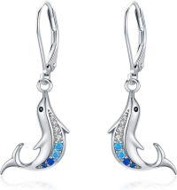 wholesale 925 Sterling Silver Blue Crystal Dolphins Leverback Drop Earrings-Dolphin