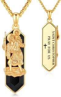 wholesale Gold 925 Sterling Silver Saint Christopher Pendant Necklace with Black Onyx Stone and Engraved Message for Men Women-St Christopher
