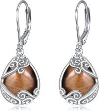 wholesale Sterling Silver Moonstone Leverback Teardrop Dangle Earrings for Women-T-Tiger Eye Stone