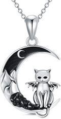 wholesale 925 Sterling Silver Crescent Moon Black Cat Necklace-0-0