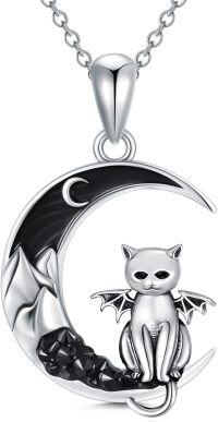 wholesale 925 Sterling Silver Crescent Moon Black Cat Necklace-Cat with Wing