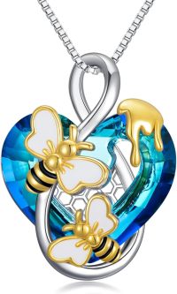 wholesale 925 Sterling Silver Blue Crystal Bee Heart Pendant Necklace Gift for Sisters and Friends-Bee-Heart
