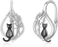 wholesale 925 Sterling Silver Cat Tree of Life Leverback Hoop Earrings-Black Cat