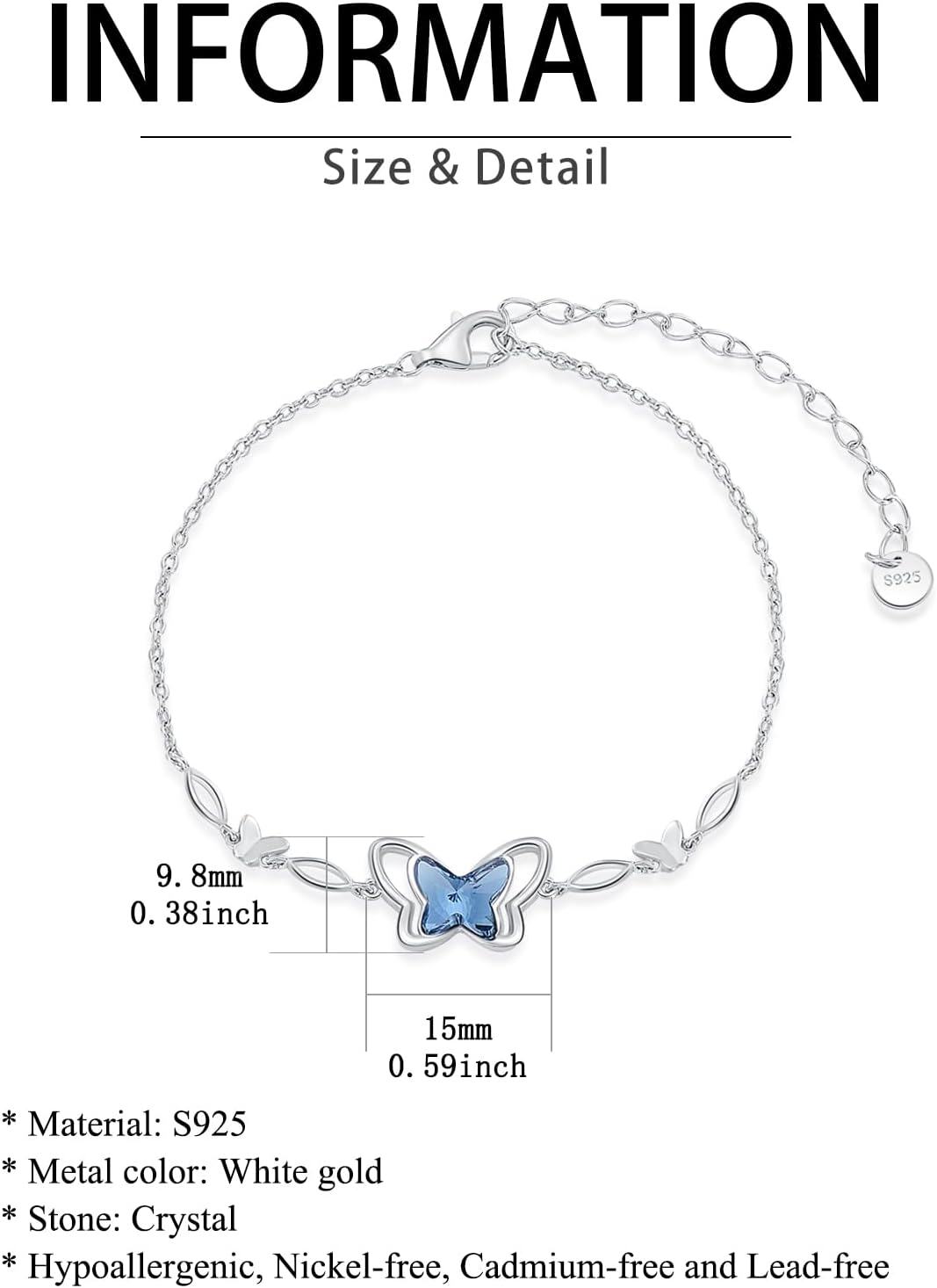 wholesale 925 Sterling Silver Blue Crystal Butterfly Adjustable Bracelet for Women Girls Gifts-0-3