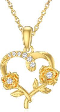 wholesale 14K Gold Heart & Rose Flower Pendant Necklace for Women - 18 Inches Chain Length-June-Rose