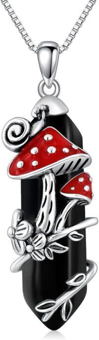wholesale 925 Sterling Silver Red Enamel Mushroom & Black Onyx Snail Pendant Necklace Gifts for Women-Style 10-Obsidian