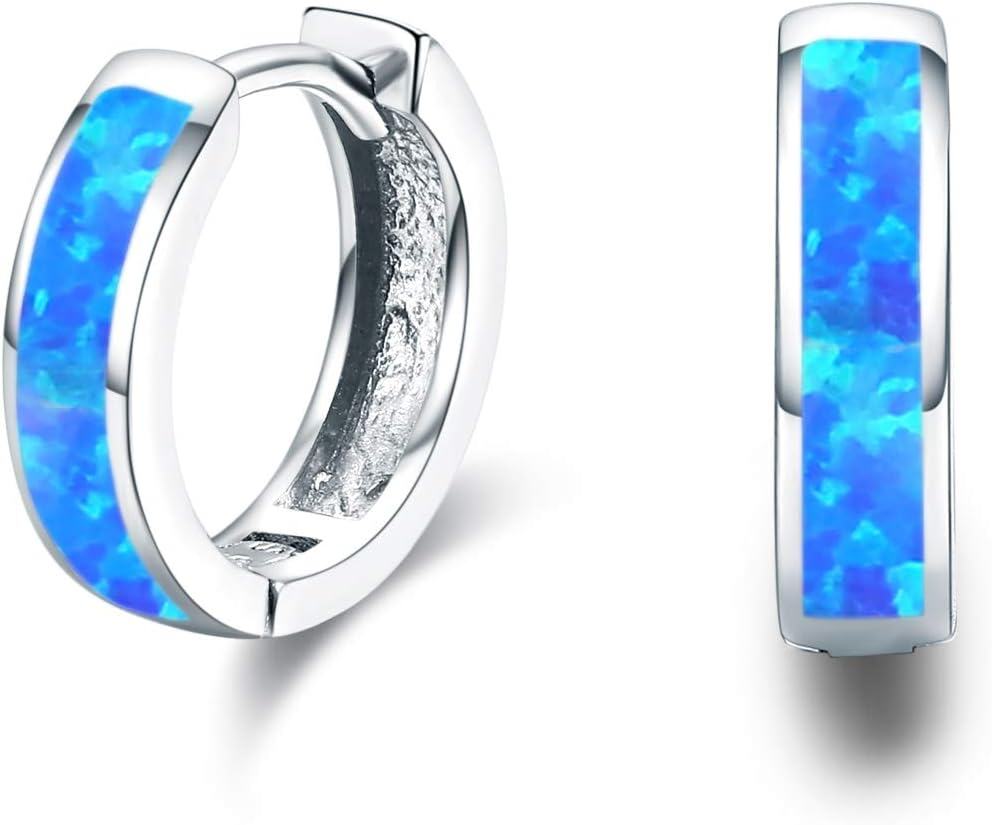Sterling Silver Simulated Opal Hoop Earrings for Women Hypoallergenic Huggie Hinged Hoops Colorful Jewelry Gift-14mm Silver Blue-14