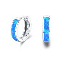 wholesale 925 Sterling Silver Simulated Opal Hoop Earrings for Women Hypoallergenic Huggie Hinged Hoops Colorful Jewelry Gift-14mm Silver Blue-14