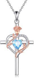 wholesale Sterling Silver Birthstones Rose Cross Heart Crucifix Pendant Necklace for Women-0-6