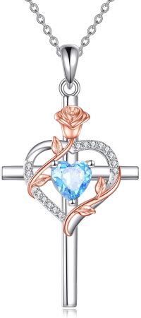 wholesale Sterling Silver Birthstones Rose Cross Heart Crucifix Pendant Necklace for Women-12-Dec-Blue Topaz