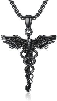 wholesale 925 Sterling Silver Caduceus Phoenix Pendant Necklace  for Men - Medical Theme -2-Black