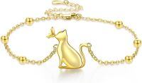 wholesale 925 Sterling Silver & Cubic Zirconia Cat Bracelet for Women, Cute Delicate Jewelry Gift for Her, 6.5+2 Extender, 0.71x0.63 Cat Charm-Gold Cat