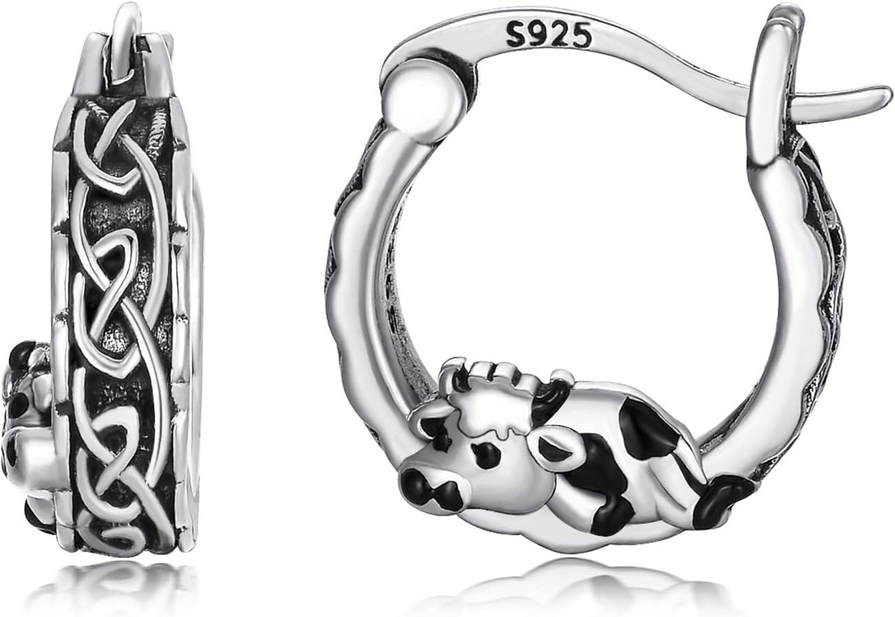 Sterling Silver Skull Stud Earrings with Lotus Hummingbird Squirrel Cow Gift for Women Men-Celtic Cow