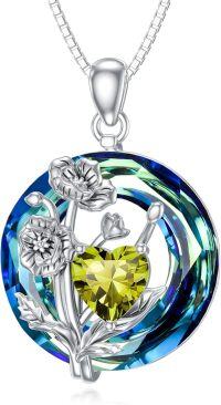 wholesale 925 Sterling Silver Crystal Birth Flower Birthstone Necklace 12 Month Floral Pendant Jewelry Women s Birthday Gift-08-August-Poppy