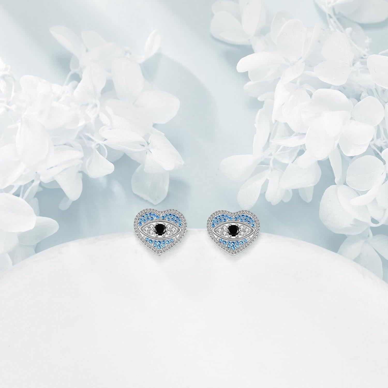 wholesale 925 Sterling Silver Heart Evil Eye Blue Crystal Stud Earrings for Women-0-2