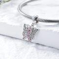 wholesale Sterling Silver & Pink Austrian Crystals Butterfly Pink Ribbon Charm for Pandora Bracelets 12.2x13.9mm-0-1