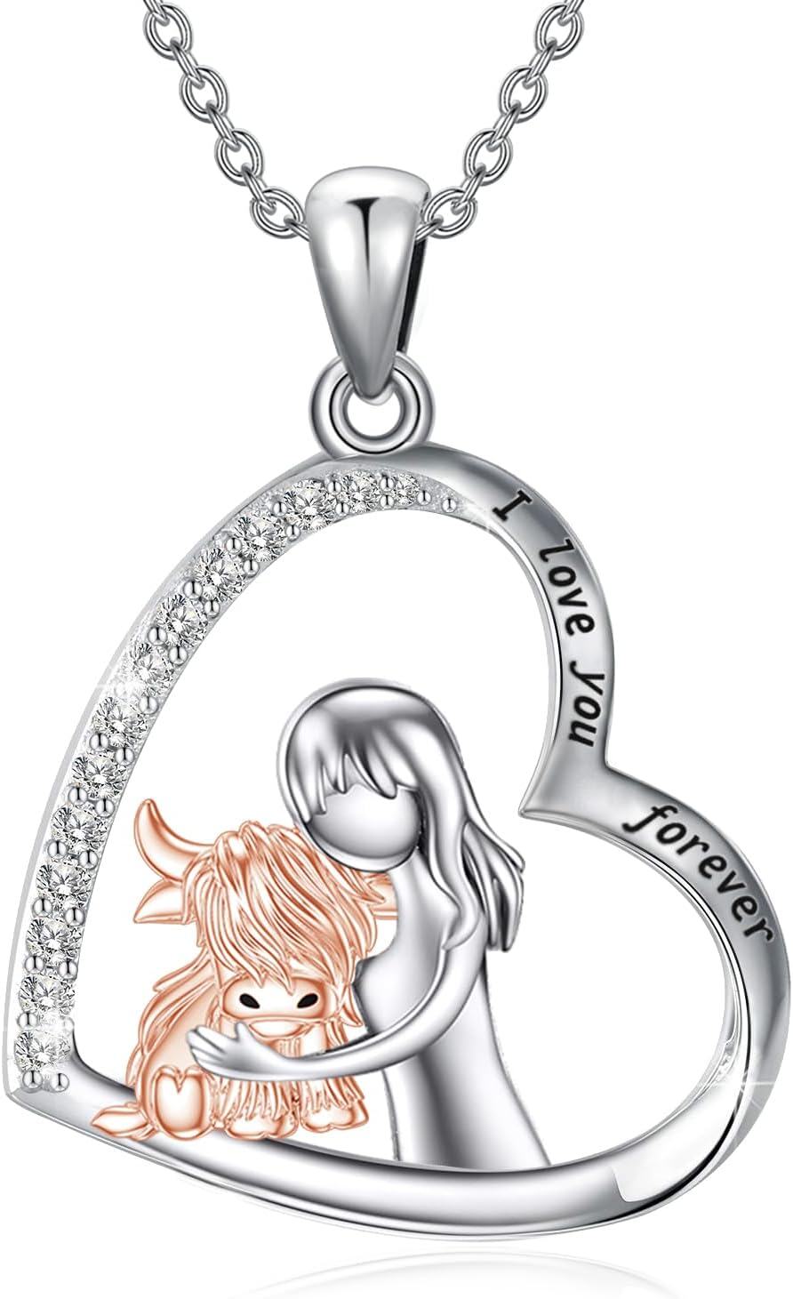 Sterling Silver Highland Cow Birthstone Necklace Jewelry Gifts for Women Girls-with Women-with Women