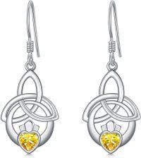 wholesale 925 Sterling Silver Birthstone Irish Celtic Claddagh Love Heart Drop Dangle Earrings-11-Nov(Citrine)