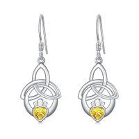 wholesale 925 Sterling Silver Birthstone Irish Celtic Claddagh Love Heart Drop Dangle Earrings-11-Nov(Citrine)