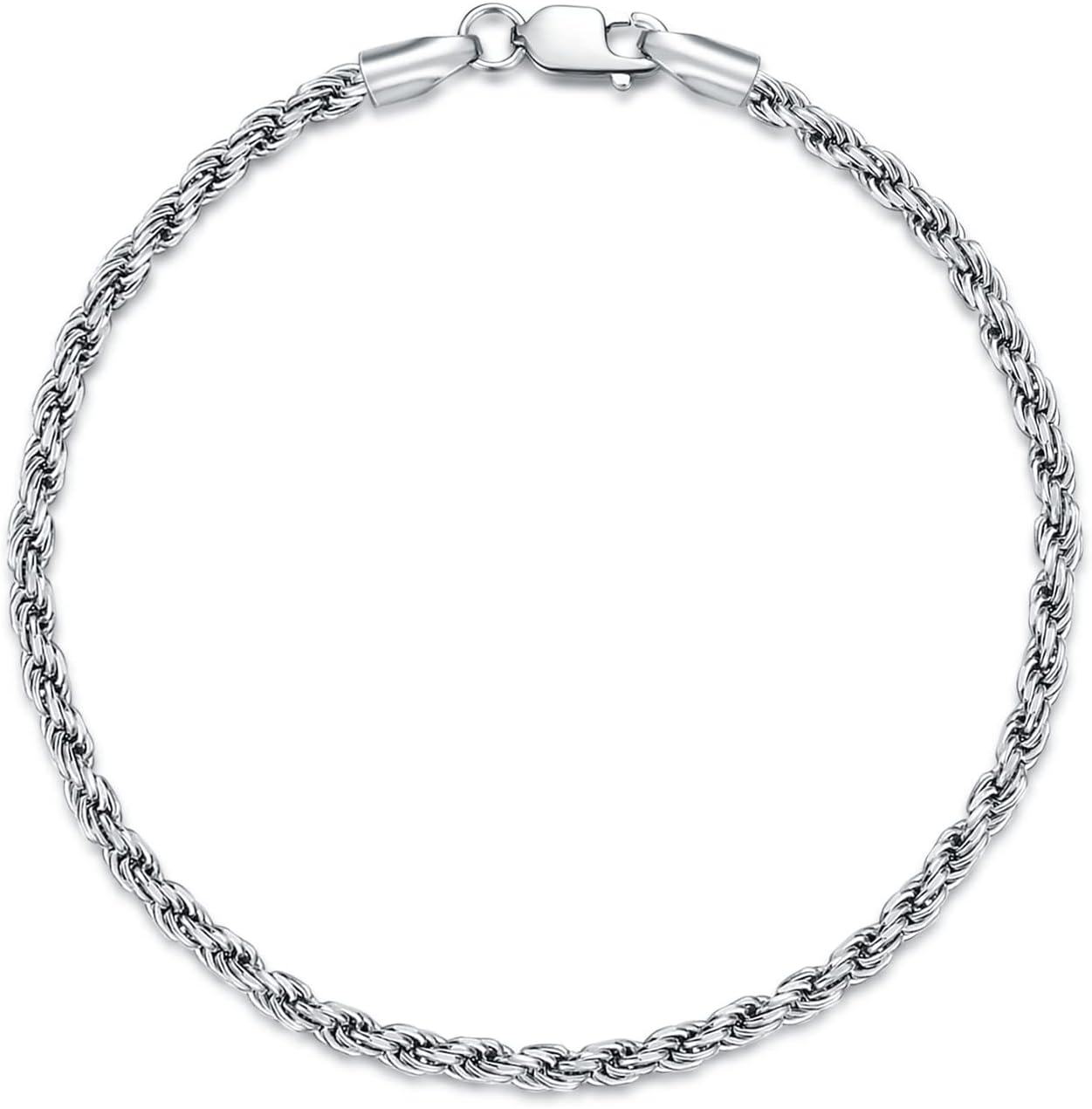 Sterling Silver Rope Chain Bracelet 2mm 4mm Lobster Clasp Italy 6 5 8 -8.0 Inches 2MM
