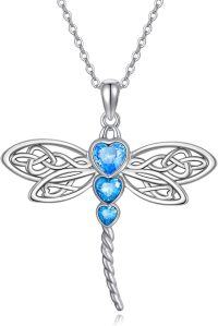 wholesale 925 Sterling Silver Crystal Dragonfly Heart Celtic Necklace for Women Birthstone Gift for Mom Sister Wife-C_Blue
