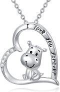 wholesale 925 Sterling Silver Heart-Shaped Pendant with Cute Hippo Charm - I Love You Forever Message Necklaces for Mom/Mother's Day Gifts for Her/Women/Girls-0-0