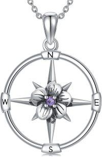 wholesale 925 Sterling Silver Birthstone Flower Necklace Compass Pendant for Women-02-Feb-Violet