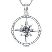 wholesale 925 Sterling Silver Birthstone Flower Necklace Compass Pendant for Women-02-Feb-Violet