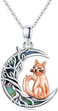 wholesale 925 Sterling Silver Abalone Shell Cat on the Moon Tree of Life Pendant Necklace-Cat Moon Necklace