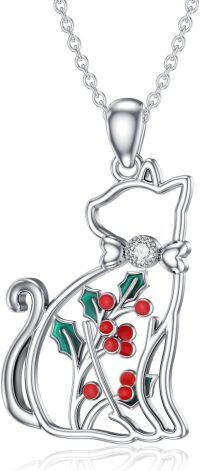 wholesale 925 Sterling Silver Labradorite Gemstone Christmas Holly Berry Cat Pendant Necklace for Women-12-Cat and Holly