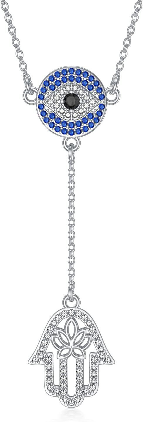 wholesale 925 Sterling Silver Evil Eye Hamsa Hand Lariat Necklace with Blue and White CZ Stones Protection Amulet  for Women-0-0