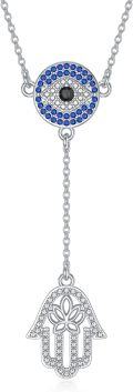 wholesale 925 Sterling Silver Evil Eye Hamsa Hand Lariat Necklace with Blue and White CZ Stones Protection Amulet  for Women-0-0