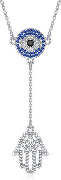 wholesale 925 Sterling Silver Evil Eye Hamsa Hand Lariat Necklace with Blue and White CZ Stones Protection Amulet  for Women-Evil eye hamsa hand necklace