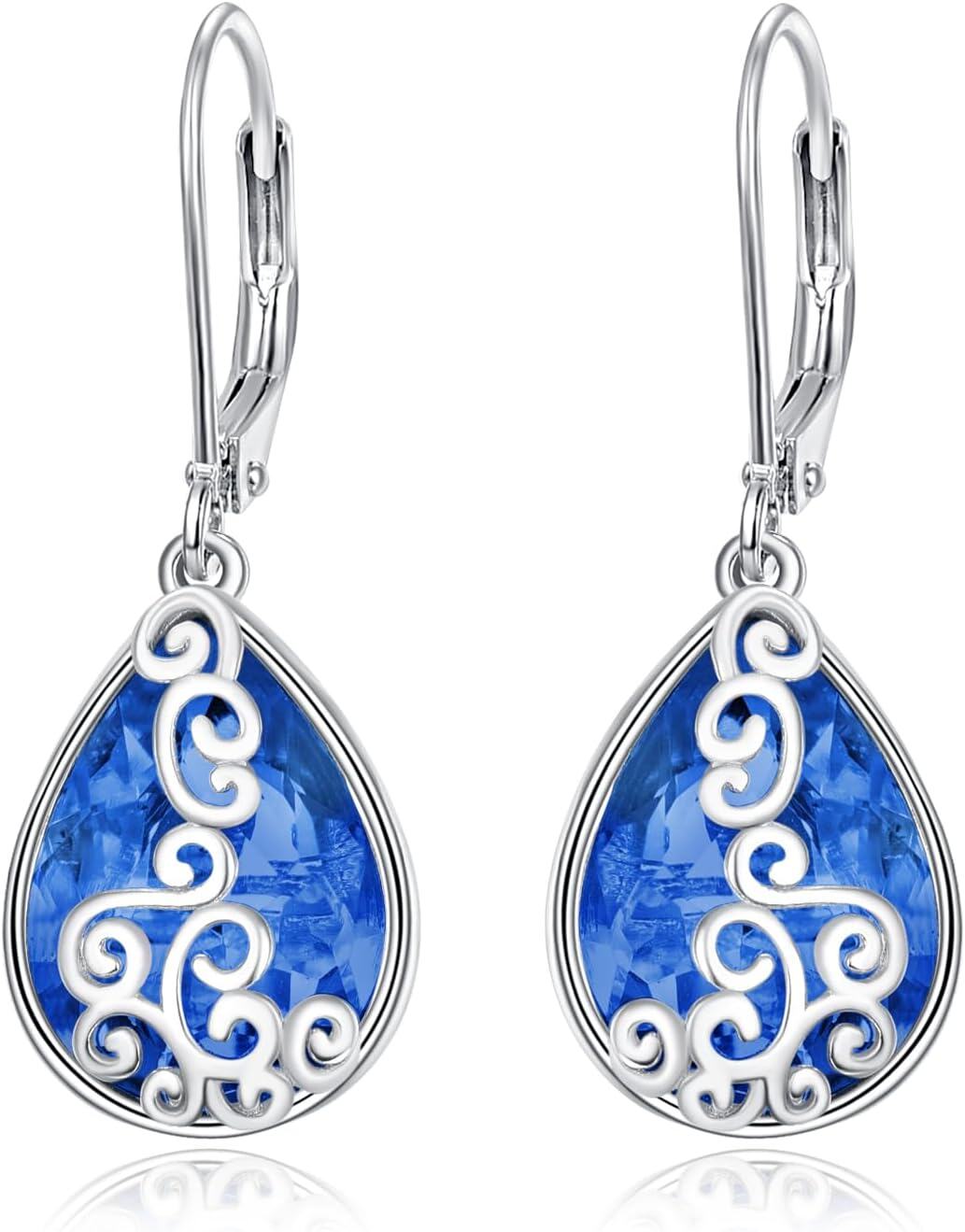 Sterling Silver Birthstone Teardrop Leverback Dangle Earrings-sapphire